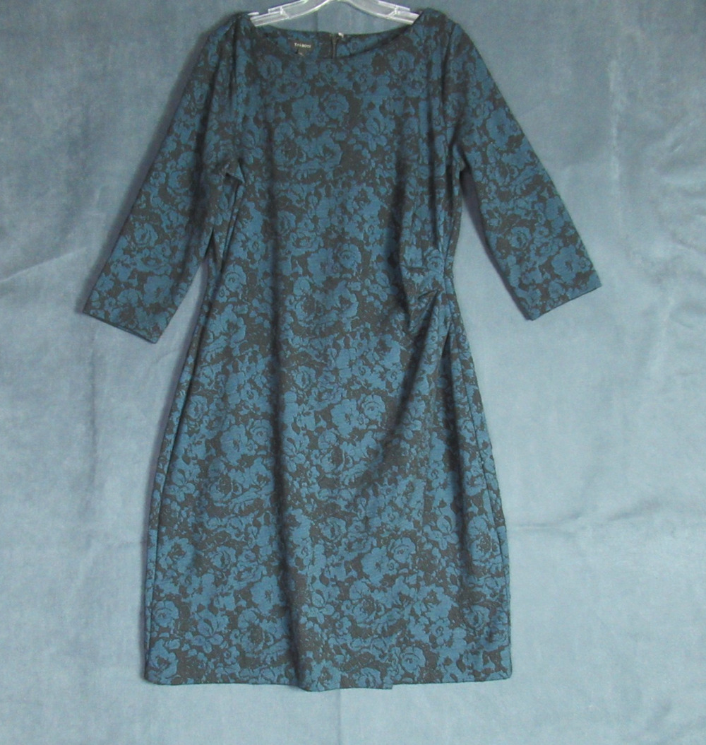 Talbots Dress Womens Large Blue Floral 3/4 Sleeve Faux Wrap Sheath Church Work